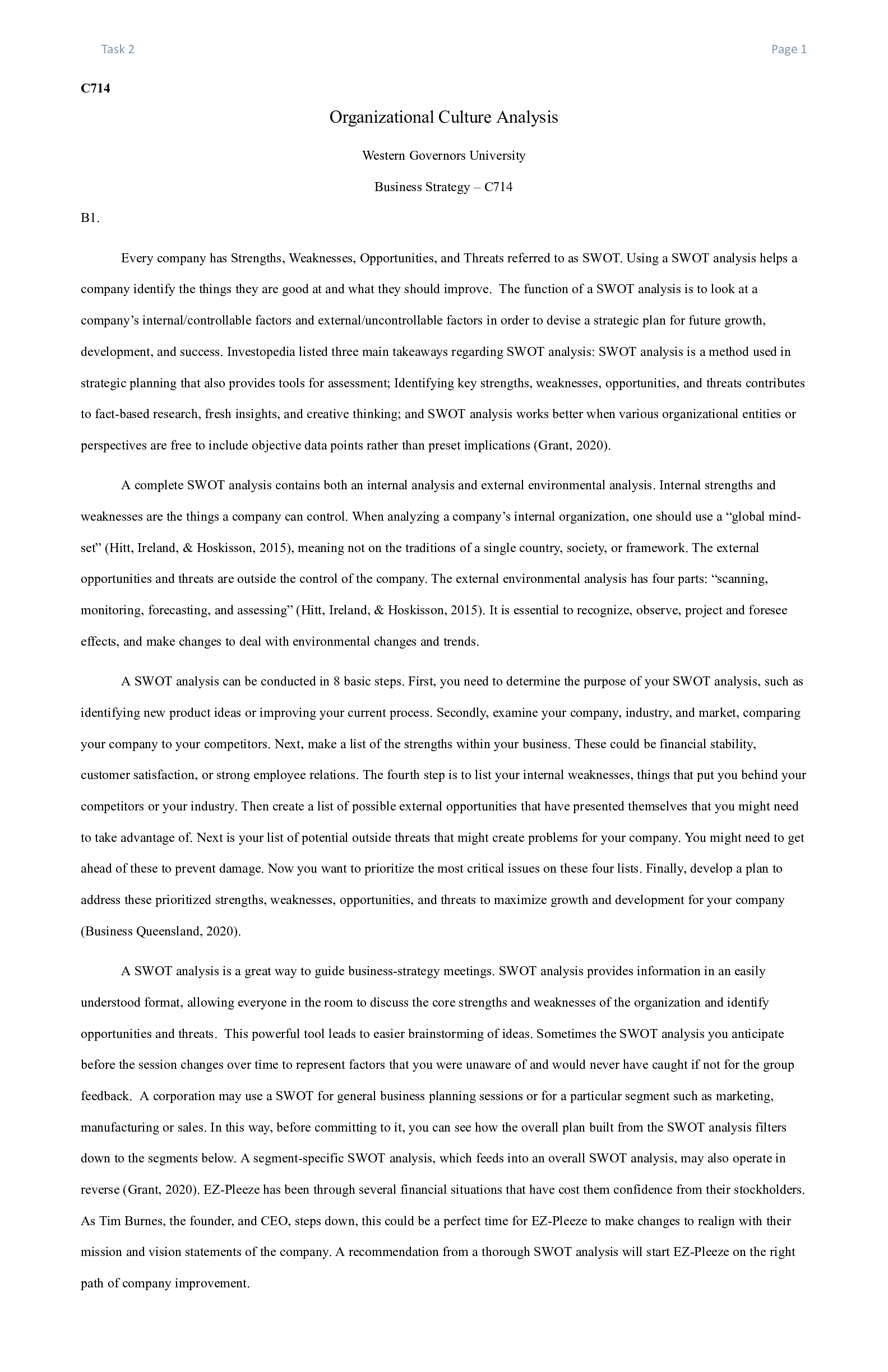 Preview of C714_Task_2_.docx  C714  Organizational Culture Analysis  Western Governors University  Bu